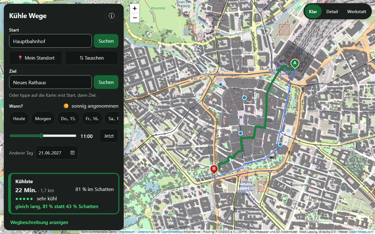 Prototyp Kühle Routen Leipzig: Karte der Leipziger Innenstadt mit zwei Fußwegvarianten von der Thomaskirche zur Nikolaikirche und Anteil im Schatten